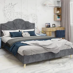 Lit Double Ado 140x200 cm - Lit Capitonné Bas Moderne et Confortable, Sans Vérin, Sans Matelas, Tissu Gris>Okwish Clearance
