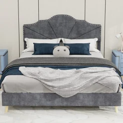 Lit Double Ado 140x200 cm - Lit Capitonné Bas Moderne et Confortable, Sans Vérin, Sans Matelas, Tissu Gris><noscript><img width=