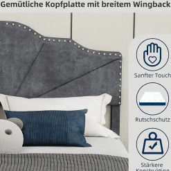 Lit Double Ado 140x200 cm - Lit Capitonné Bas Moderne et Confortable, Sans Vérin, Sans Matelas, Tissu Gris><noscript><img width=