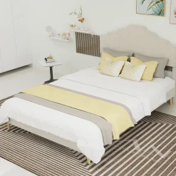 Okwish Lit Double Ado 140x200 cm - Tête de Lit Confortable et Style Moderne, Structure Composite en Tissu et Métal, sans Matelas, Beige* Lit Double