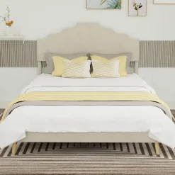 Okwish Lit Double Ado 140x200 cm - Tête de Lit Confortable et Style Moderne, Structure Composite en Tissu et Métal, sans Matelas, Beige* Lit Double