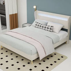 Lit Double Ado 140x200 cm - Tête de Lit Éclairage LED Doux, Structure Composite Stable en Tissu et Métal, sans Matelas, Beige>Okwish