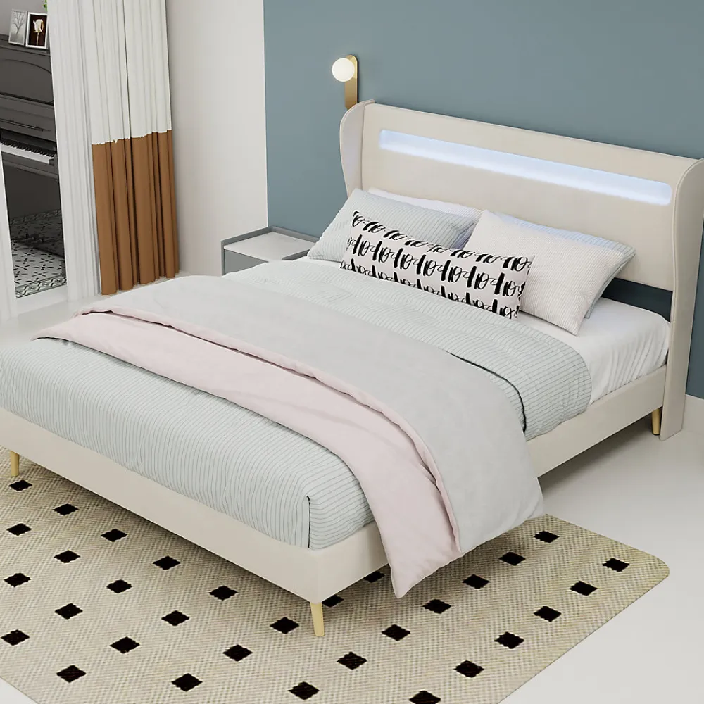 Lit Double Ado 140x200 cm - Tête de Lit Éclairage LED Doux, Structure Composite Stable en Tissu et Métal, sans Matelas, Beige>Okwish
