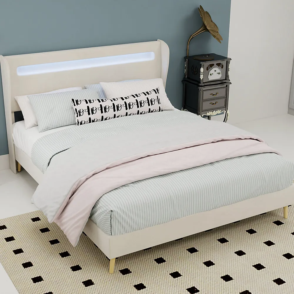 Lit Double Ado 140x200 cm - Tête de Lit Éclairage LED Doux, Structure Composite Stable en Tissu et Métal, sans Matelas, Beige>Okwish