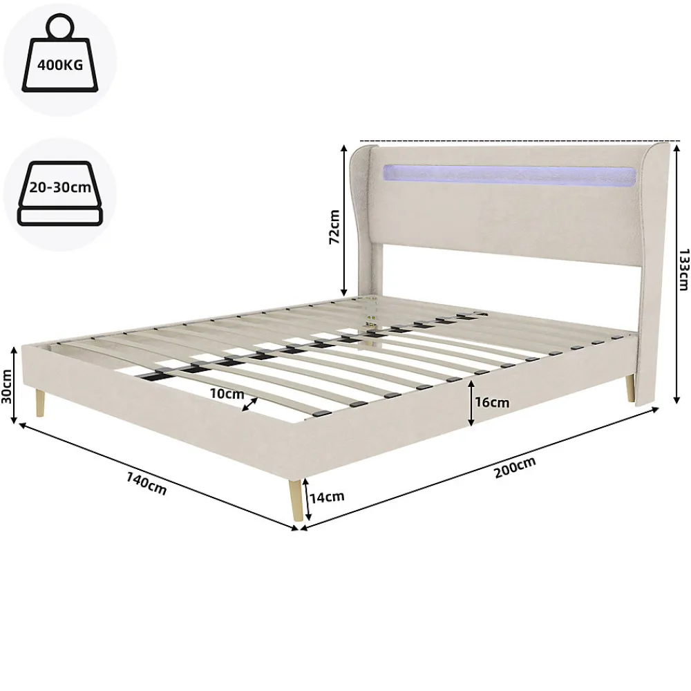 Lit Double Ado 140x200 cm - Tête de Lit Éclairage LED Doux, Structure Composite Stable en Tissu et Métal, sans Matelas, Beige>Okwish