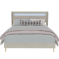 Lit Double Ado 140x200 cm - Tête de Lit Éclairage LED Doux, Structure Composite Stable en Tissu et Métal, sans Matelas, Beige><noscript><img width=