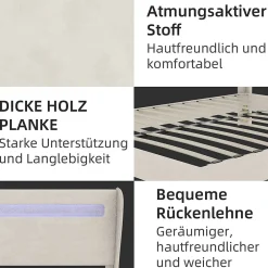 Lit Double Ado 140x200 cm - Tête de Lit Éclairage LED Doux, Structure Composite Stable en Tissu et Métal, sans Matelas, Beige><noscript><img width=