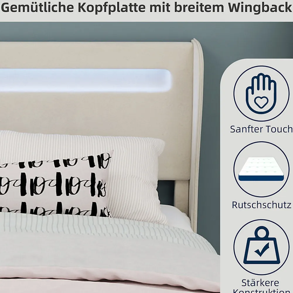 Lit Double Ado 140x200 cm - Tête de Lit Éclairage LED Doux, Structure Composite Stable en Tissu et Métal, sans Matelas, Beige>Okwish