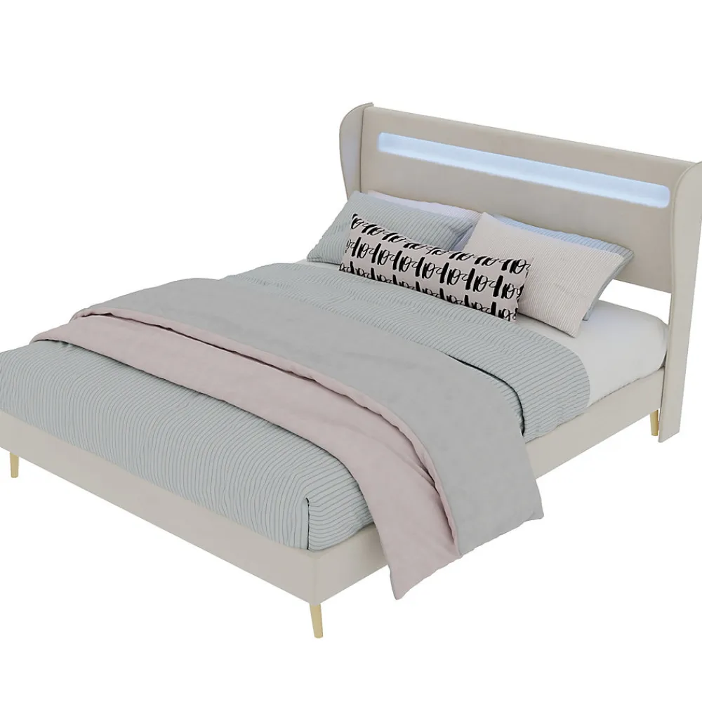 Lit Double Ado 140x200 cm - Tête de Lit Éclairage LED Doux, Structure Composite Stable en Tissu et Métal, sans Matelas, Beige>Okwish