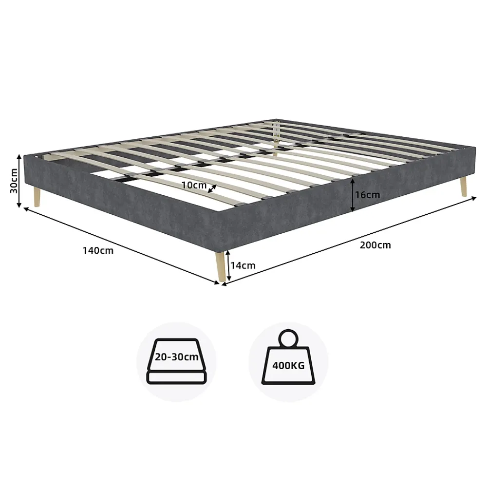 Okwish Lit Double Adulte/Ado 140x200 cm, avec Cadre Bas Moderne et Stable, Design Minimaliste en Velours Hollandais Gris, Sans Matelas* Lit Double