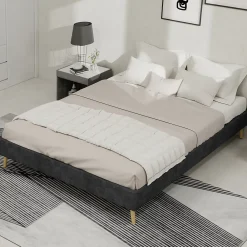 Okwish Lit Double Adulte/Ado 140x200 cm, avec Cadre Bas Moderne et Stable, Design Minimaliste en Velours Hollandais Gris, Sans Matelas* Lit Double