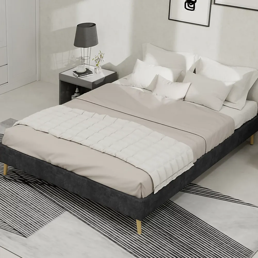 Okwish Lit Double Adulte/Ado 140x200 cm, avec Cadre Bas Moderne et Stable, Design Minimaliste en Velours Hollandais Gris, Sans Matelas* Lit Double