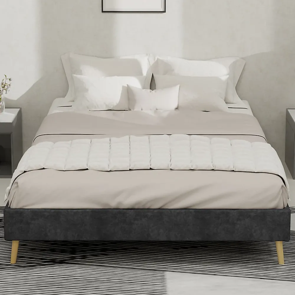 Okwish Lit Double Adulte/Ado 140x200 cm, avec Cadre Bas Moderne et Stable, Design Minimaliste en Velours Hollandais Gris, Sans Matelas* Lit Double