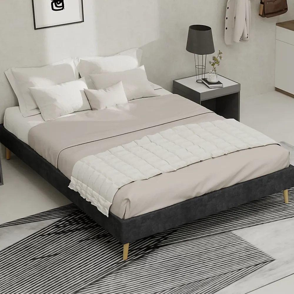 Okwish Lit Double Adulte/Ado 140x200 cm, avec Cadre Bas Moderne et Stable, Design Minimaliste en Velours Hollandais Gris, Sans Matelas* Lit Double