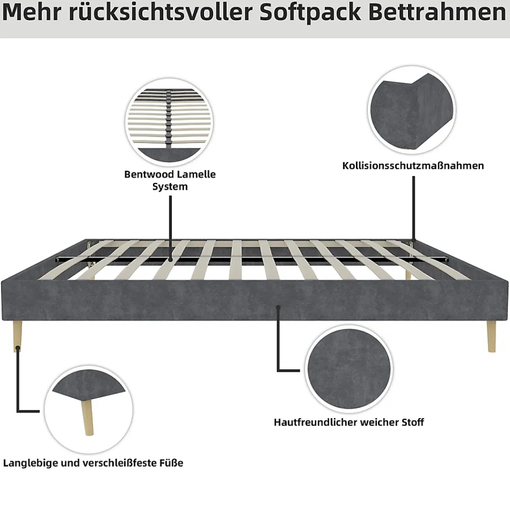 Okwish Lit Double Adulte/Ado 140x200 cm, avec Cadre Bas Moderne et Stable, Design Minimaliste en Velours Hollandais Gris, Sans Matelas* Lit Double