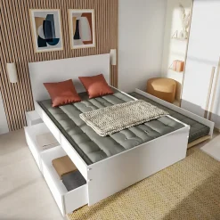 Lit double ALPHA 140x190 + 2 tiroirs + tiroir lit 90x190 avec sommier + chevet / Blanc>Weber Industries Outlet