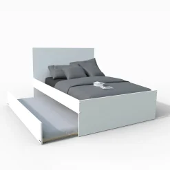 Lit double ALPHA 140x190 + 2 tiroirs + tiroir lit 90x190 avec sommier + chevet / Blanc><noscript><img width=