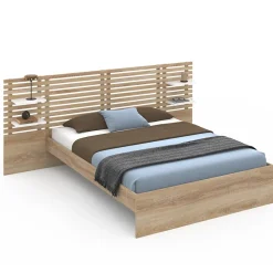 IDMarket Lit double AMALIA avec tête de lit, étagères suspendues et sommier 140 x 190 cm hêtre et blanc* Lit Avec Rangement