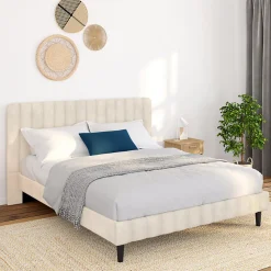 Lit double ANNIE avec tête de lit et sommier 140 x 190 cm velours beige>IDMarket Discount