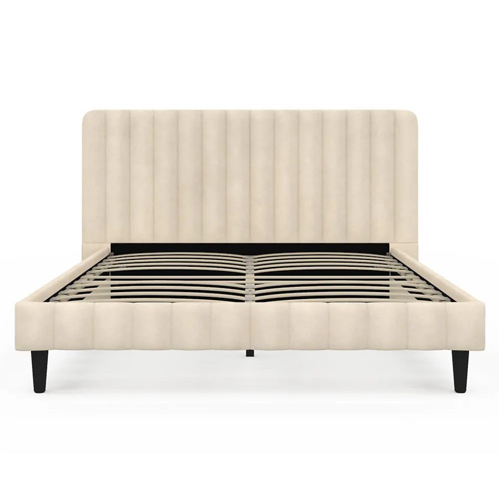 Lit double ANNIE avec tête de lit et sommier 140 x 190 cm velours beige>IDMarket Discount