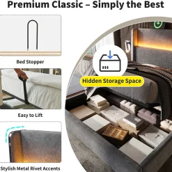 Lit double avec éclairage LED,ports USB/Type-C,haute tête de lit,cadre de lit coffre hydraulique 140x200 cm,lin,gris><noscript><img width=