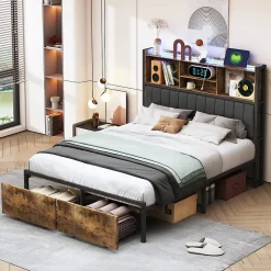 Lit double avec tiroirs 140x200 cm, lit coffre avec éclairage LED et USB, tête de lit avec rangements, 2 tiroirs, marron>ProximaX New