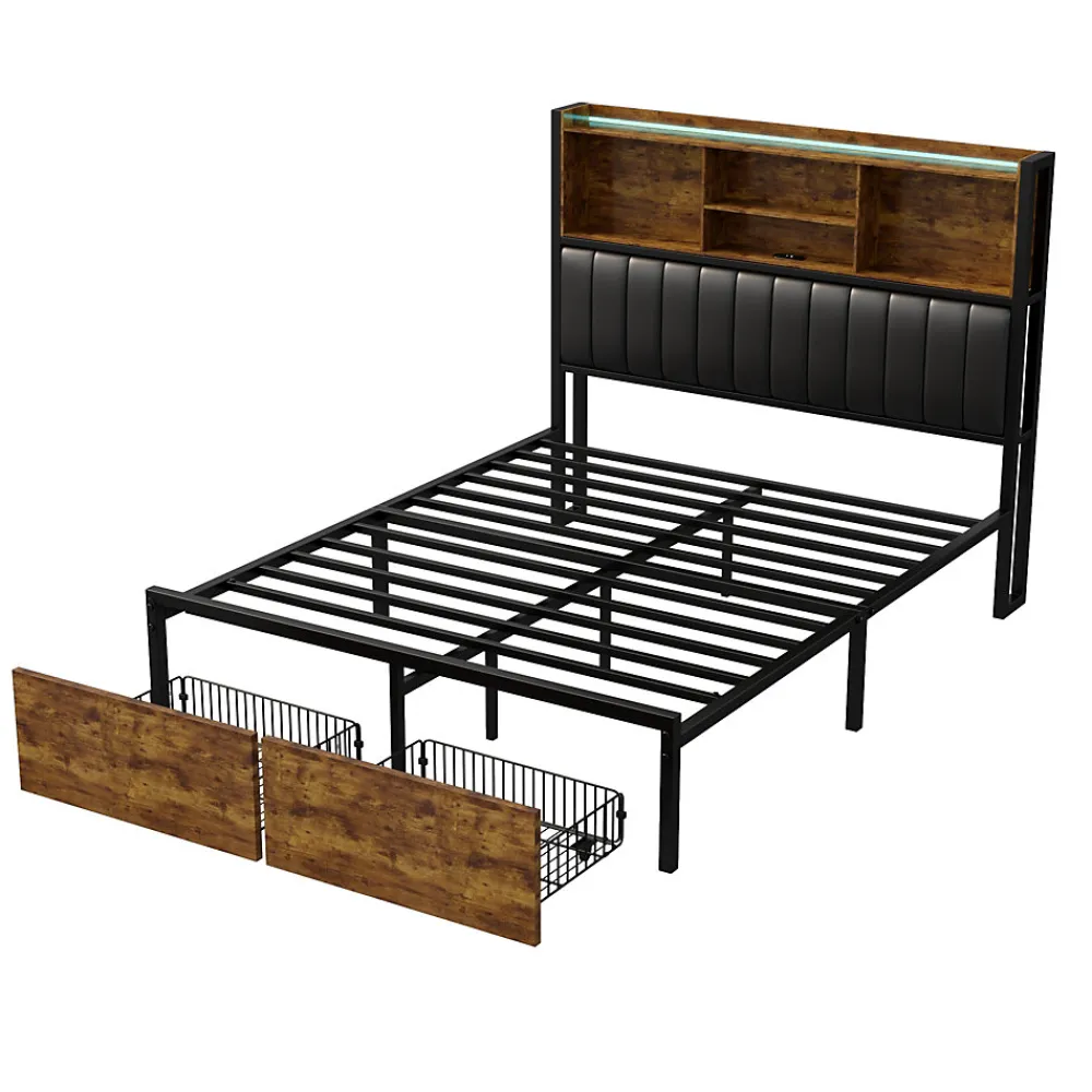 Lit double avec tiroirs 140x200 cm, lit coffre avec éclairage LED et USB, tête de lit avec rangements, 2 tiroirs, marron>ProximaX New