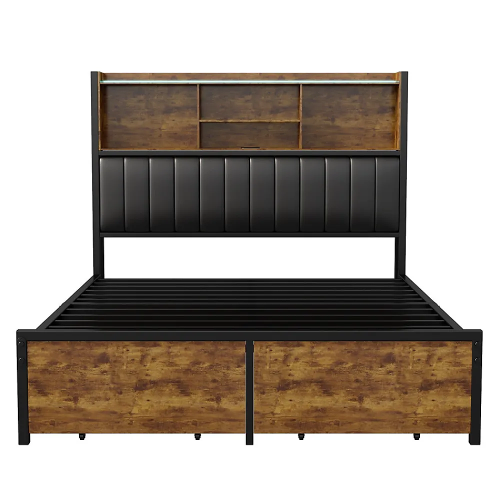 Lit double avec tiroirs 140x200 cm, lit coffre avec éclairage LED et USB, tête de lit avec rangements, 2 tiroirs, marron>ProximaX New