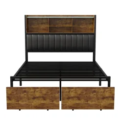 Lit double avec tiroirs 140x200 cm, lit coffre avec éclairage LED et USB, tête de lit avec rangements, 2 tiroirs, marron><noscript><img width=