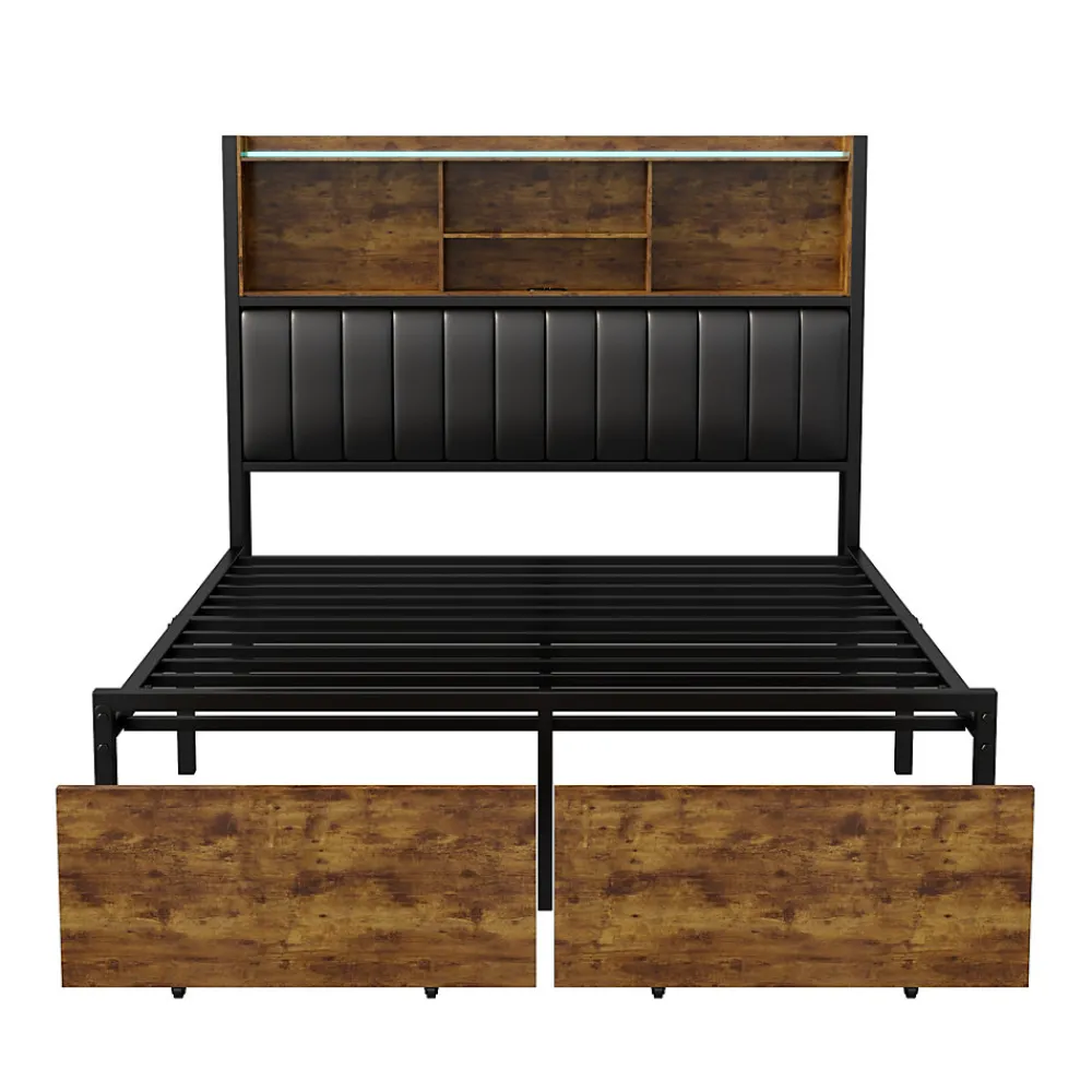 Lit double avec tiroirs 140x200 cm, lit coffre avec éclairage LED et USB, tête de lit avec rangements, 2 tiroirs, marron>ProximaX New