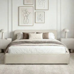 Idimex Lit double BELARTI 140 x 190 cm rembourré, revêtement en tissu - Blanc crème* Lit Double