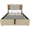 Redom Lit double bois 140 par 200 cm avec tete de lit rangement prise USB et Type C systeme hydraulique sans matelas* Lit Avec Rangement