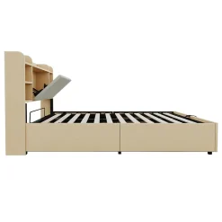 Redom Lit double bois 140 par 200 cm avec tete de lit rangement prise USB et Type C systeme hydraulique sans matelas* Lit Avec Rangement