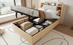 Redom Lit double bois 140 par 200 cm avec tete de lit rangement prise USB et Type C systeme hydraulique sans matelas* Lit Avec Rangement