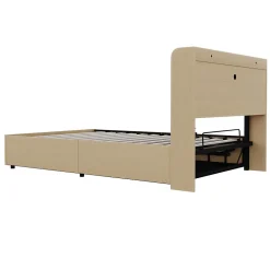 Redom Lit double bois 140 par 200 cm avec tete de lit rangement prise USB et Type C systeme hydraulique sans matelas* Lit Avec Rangement