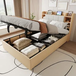 Redom Lit double bois 140 par 200 cm avec tete de lit rangement prise USB et Type C systeme hydraulique sans matelas* Lit Avec Rangement
