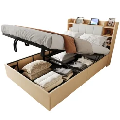 Redom Lit double bois 140 par 200 cm avec tete de lit rangement prise USB et Type C systeme hydraulique sans matelas* Lit Avec Rangement