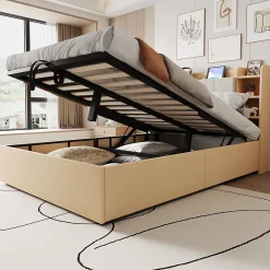 Redom Lit double bois 140 par 200 cm avec tete de lit rangement prise USB et Type C systeme hydraulique sans matelas* Lit Avec Rangement