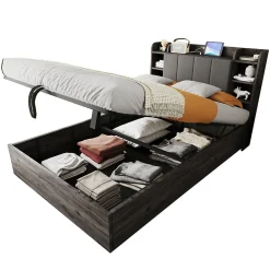 Lit double bois gris 140 par 200 cm avec tete de lit rangement prise USB et Type C systeme hydraulique sans matelas>Redom Hot