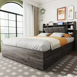 Lit double bois gris 140 par 200 cm avec tete de lit rangement prise USB et Type C systeme hydraulique sans matelas>Redom Hot