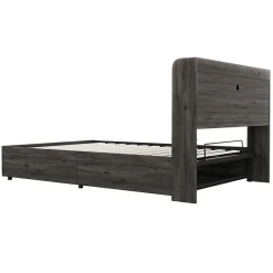 Lit double bois gris 140 par 200 cm avec tete de lit rangement prise USB et Type C systeme hydraulique sans matelas><noscript><img width=