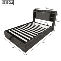 Lit double bois gris 140 par 200 cm avec tete de lit rangement prise USB et Type C systeme hydraulique sans matelas><noscript><img width=