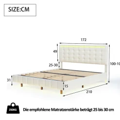Simple Life Lit Double Capitonné 160 X 200 Cm, Cadre De Lit Flottant, Rembourré, Avec LED, Lin, Beige* Lit Coffre