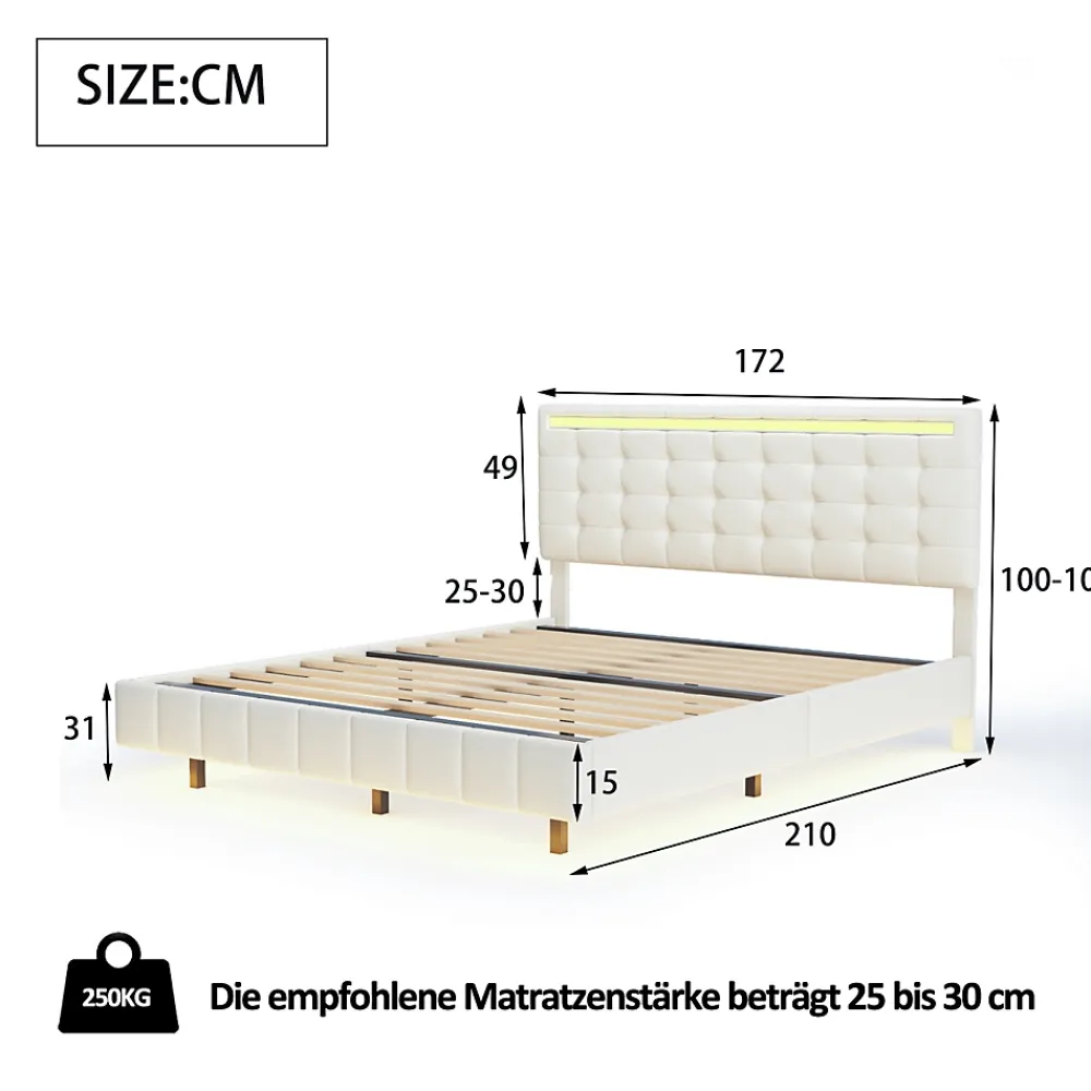Simple Life Lit Double Capitonné 160 X 200 Cm, Cadre De Lit Flottant, Rembourré, Avec LED, Lin, Beige* Lit Coffre