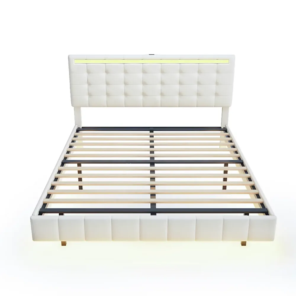 Simple Life Lit Double Capitonné 160 X 200 Cm, Cadre De Lit Flottant, Rembourré, Avec LED, Lin, Beige* Lit Coffre