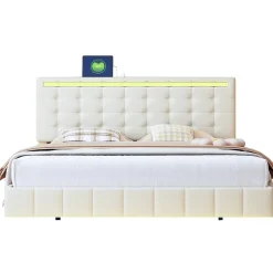 Simple Life Lit Double Capitonné 160 X 200 Cm, Cadre De Lit Flottant, Rembourré, Avec LED, Lin, Beige* Lit Coffre