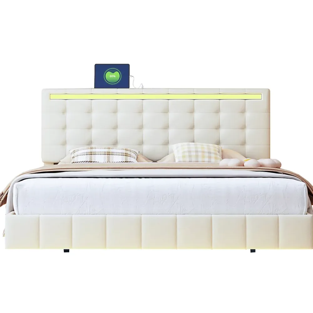 Simple Life Lit Double Capitonné 160 X 200 Cm, Cadre De Lit Flottant, Rembourré, Avec LED, Lin, Beige* Lit Coffre