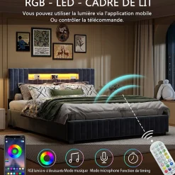 Fortuna lai Lit Double Capitonné 160 X 200 Cm Avec Tête De Lit LED, Rangement, Sommier à Lattes En Bois, Gris* Lit Coffre