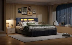 Fortuna lai Lit Double Capitonné 160 X 200 Cm Avec Tête De Lit LED, Rangement, Sommier à Lattes En Bois, Gris* Lit Coffre
