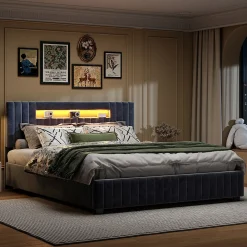Fortuna lai Lit Double Capitonné 160 X 200 Cm Avec Tête De Lit LED, Rangement, Sommier à Lattes En Bois, Gris* Lit Coffre